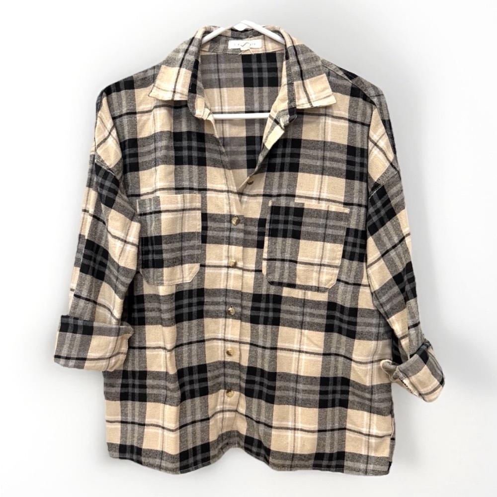 Womens Plaid Flannel Button Down Long Sleeve Shirt Size XS Black Tan Check Top